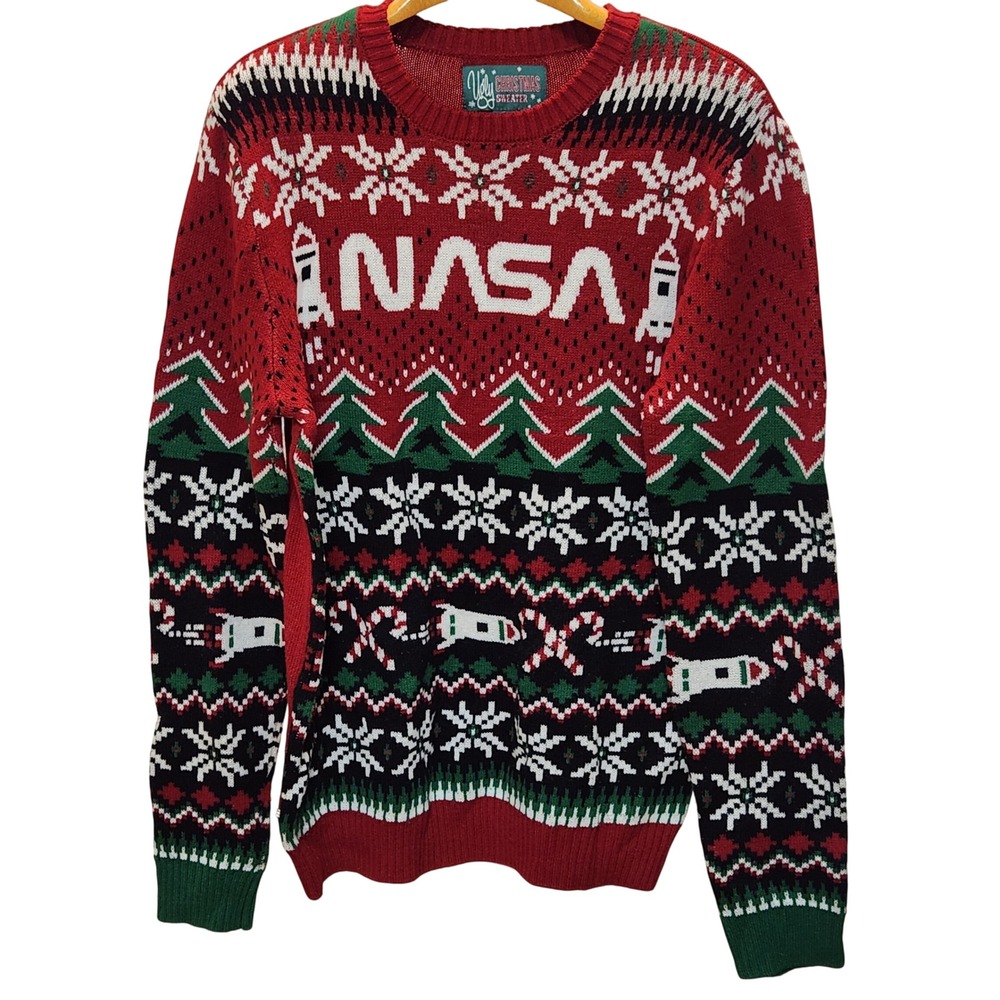 Ugly Christmas Sweater NASA Rocket Fair Isle Red Green Mens Large Holidays